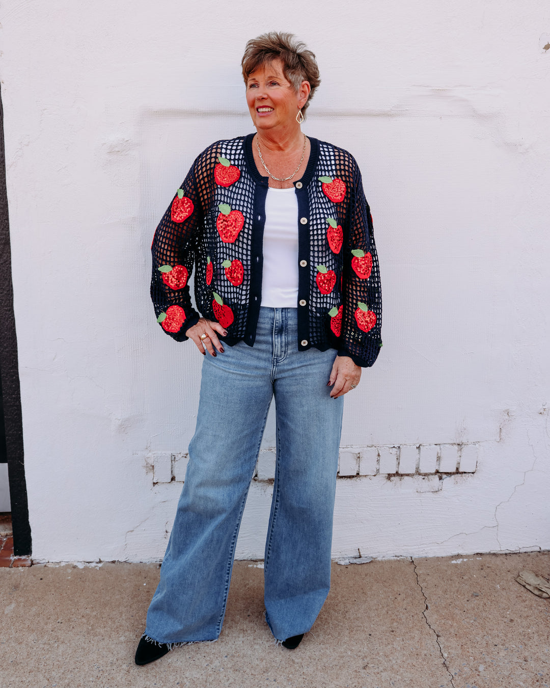 Queen Of Sparkles: Crochet Navy & Red Sequin Apple Button Up Sweater in Navy (FALL2673)