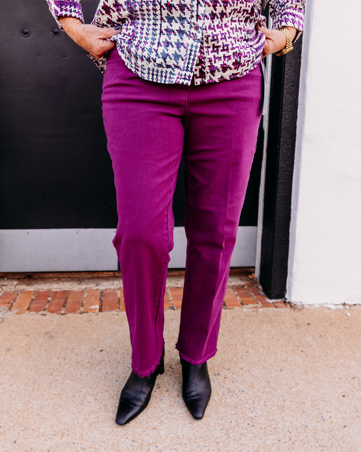 Multiples: Woven Fringe Hem Ankle Pant in Plum (M35714PM)