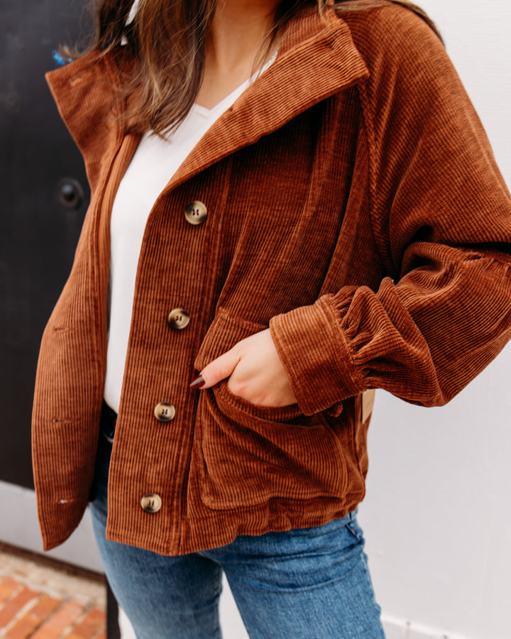Tru Luxe: Woven Stand Collar Button Front Cord Jacket in Chocolate (T4623JM)