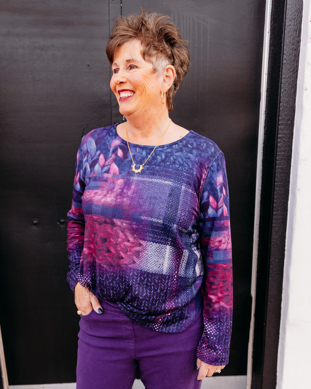Multiples: Knit Long Sleeve Drop Shoulder Back Hi-Lo Top in Multi (M46510TM)