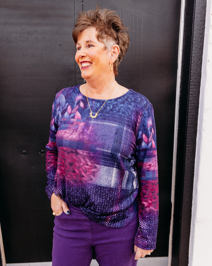 Multiples: Knit Long Sleeve Drop Shoulder Back Hi-Lo Top in Multi (M46510TM)
