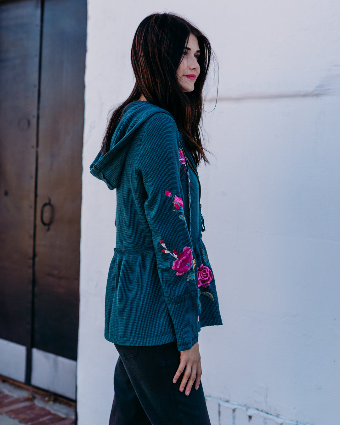 Johnny Was: Peplum Metallic Thermal Hoodie Rosilia in Metallic Emerald Mem - The Vogue Boutique