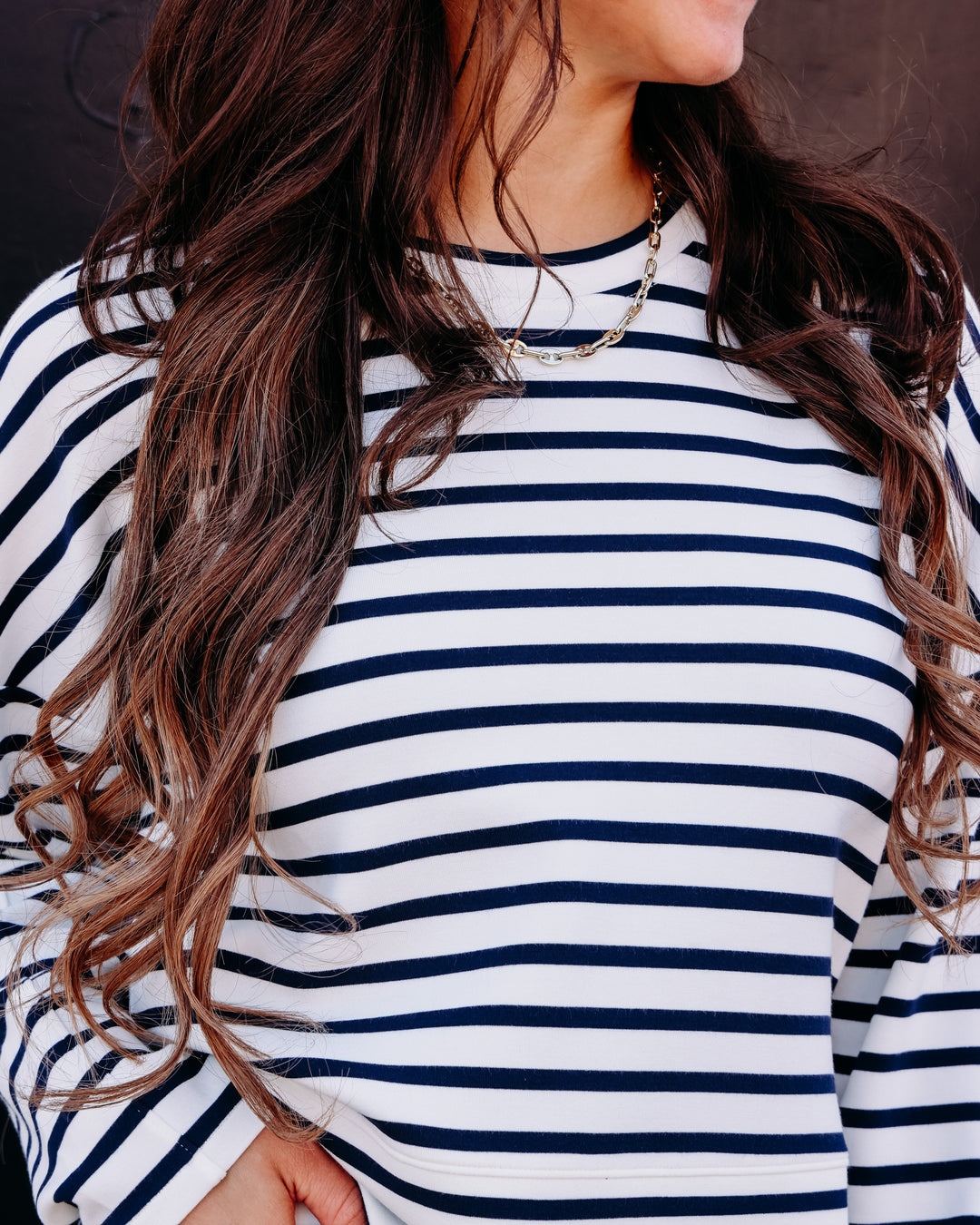 SPANX AIRESSENTIALS® CREWNECK LONG SLEEVE TOP IN YACHT STRIPED NAVY (228O7R)