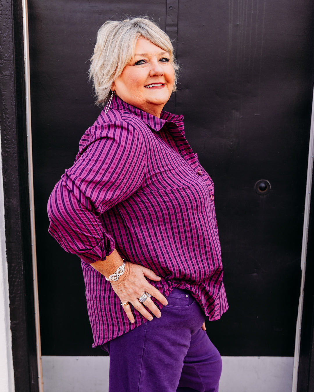 Multiples: Long Sleeve Button Front Shirt in Plum (M46507BM)