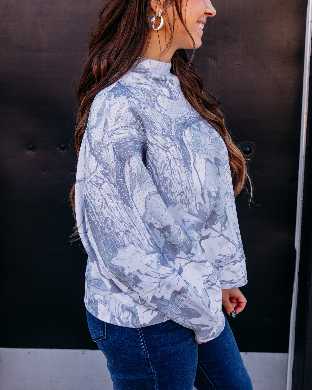 Queen of Sparkles: Grey Rhinestone Forest Camo Mockneck Sweatshirts in Grey