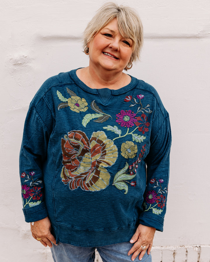 Tru Luxe: Garment Dyed Pieced Sweatshirt With Embroidery in Blue (T36499TM)