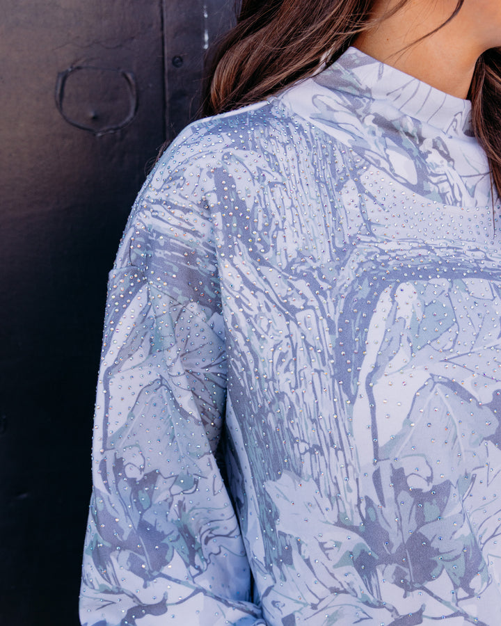 Queen of Sparkles: Grey Rhinestone Forest Camo Mockneck Sweatshirts in Grey