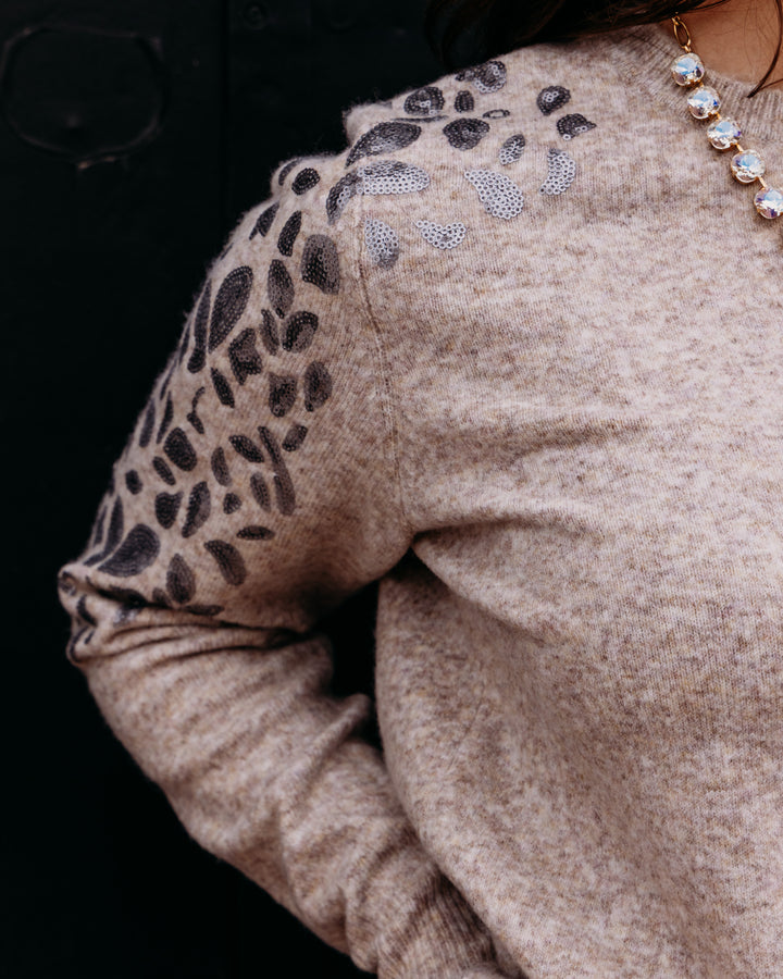 Charlie B: Plushy Sweater With Floral Embroidery at Shoulder in Latté Chiné (C2167)