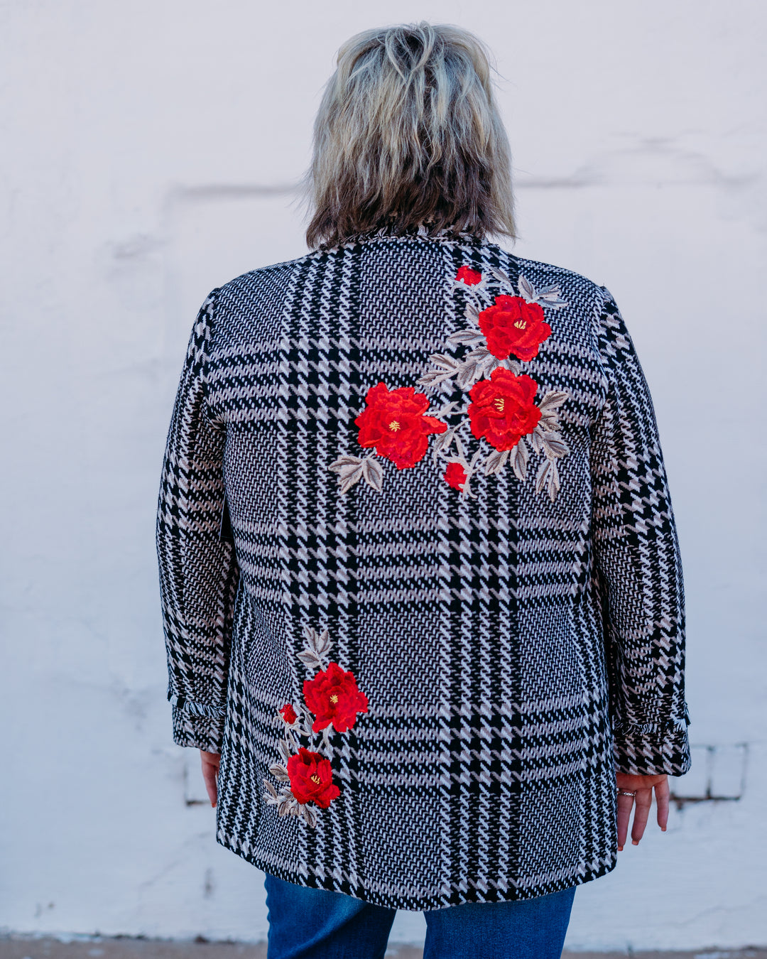 John Mark: Plaid Tweed Coat With Fringe in White/Black J45655JM - The Vogue Boutique