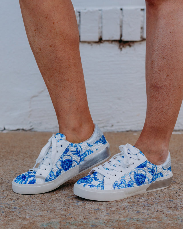 Betsey Johnson: SB-Damon Tennis Shoe in White/Blue Floral