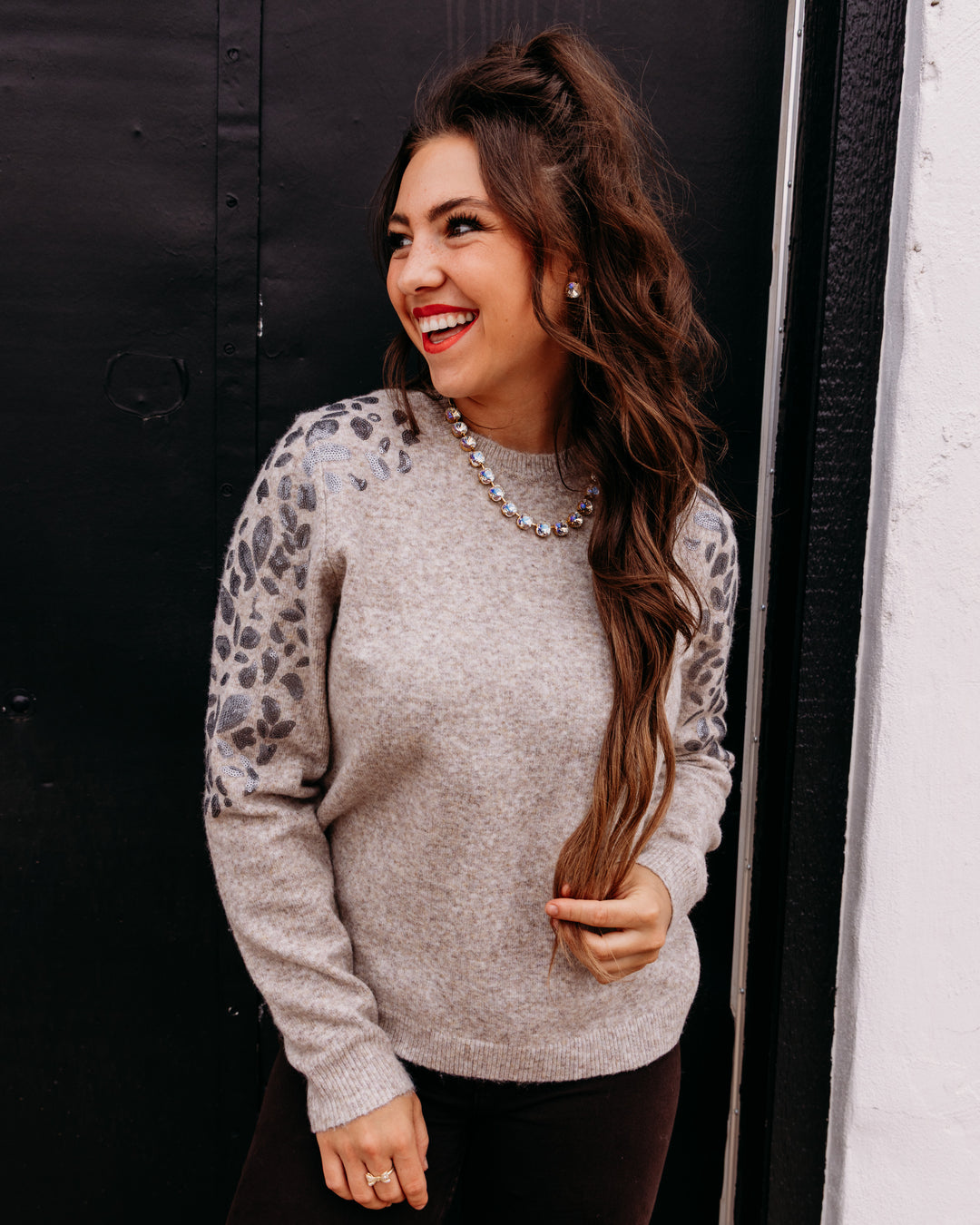 Charlie B: Plushy Sweater With Floral Embroidery at Shoulder in Latté Chiné (C2167)