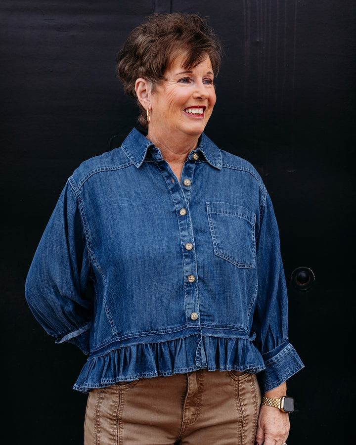 Ivy Jane: Denim Jacket w/ Ruffles Peplum in Indigo (121188)
