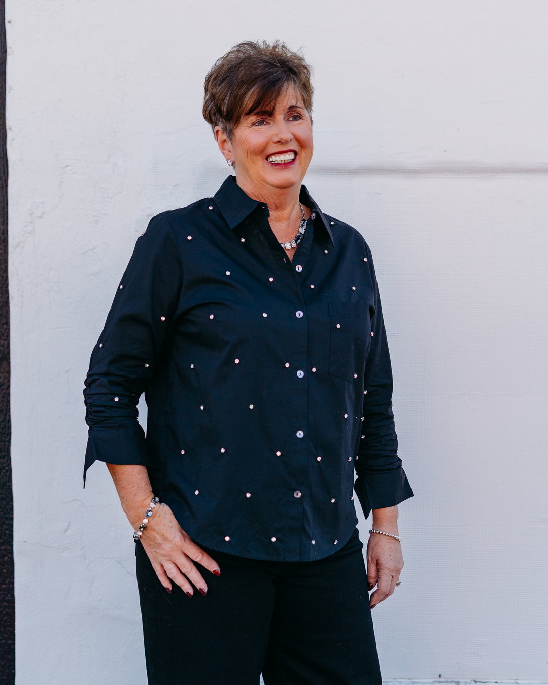 Karen Kane: Embellished Shirt in Black - The Vogue Boutique