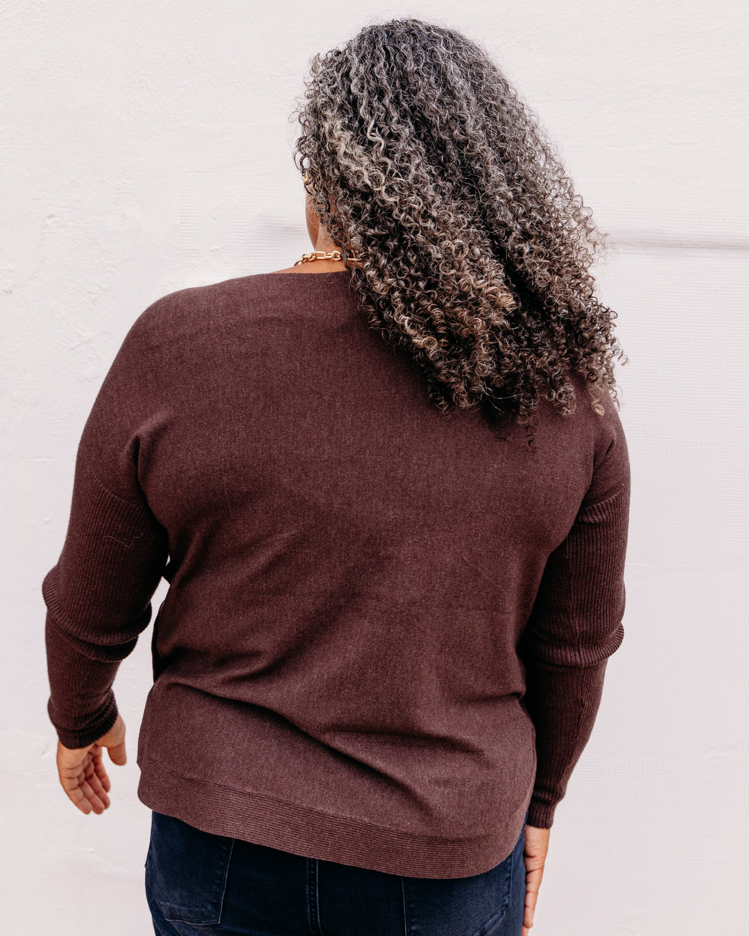 Charlie B: Long Sleeve Drop Shoulder Boat Neck Sweater With Side Buttons Detail in Café Chiné (C2871R)