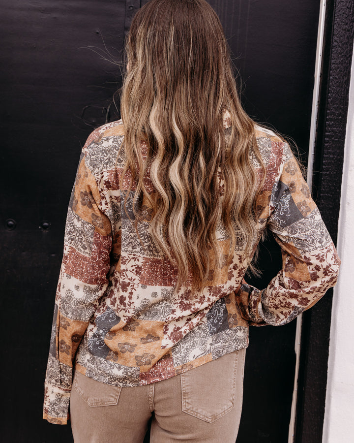 Charlie B: Printed Long Sleeve Shirt with Twisted Front in Édredon (C4551PP)