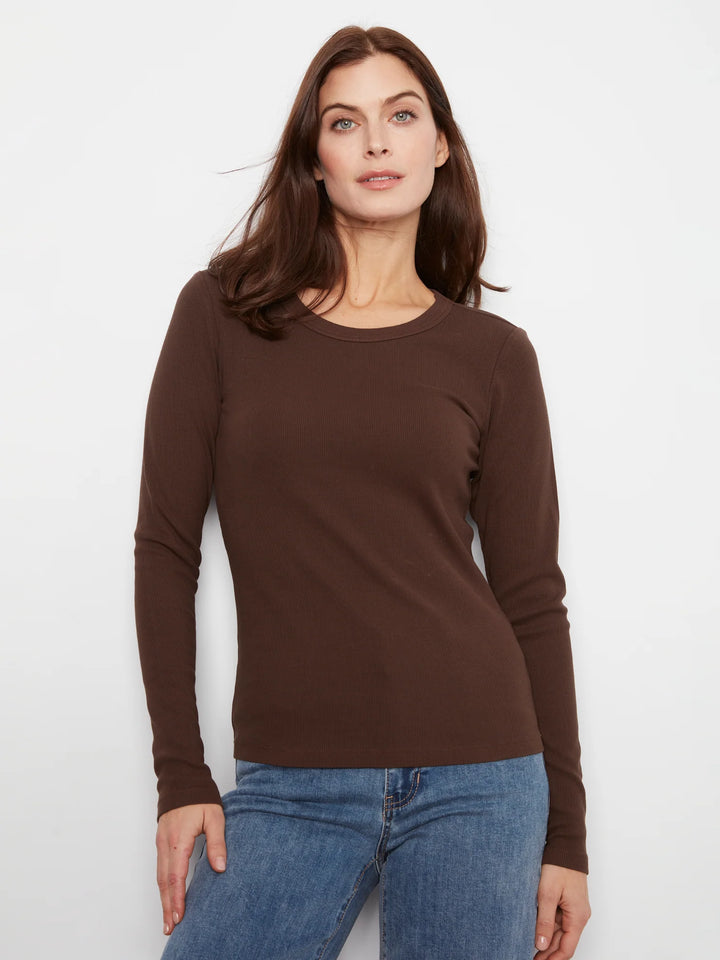 Charlie B:Tencel Rib Long Sleeve Crew Neck Top in Café (C1448PK)
