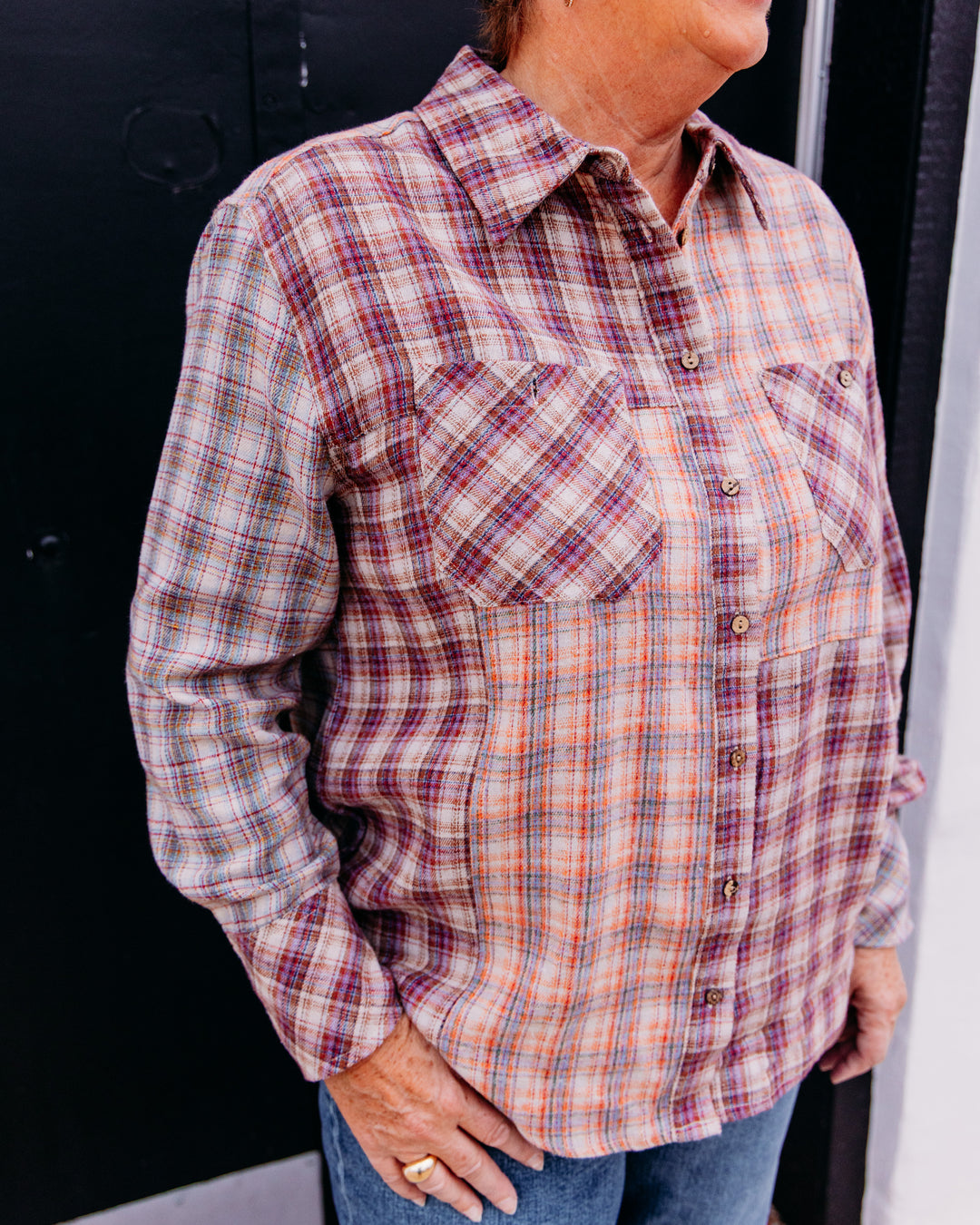 Tru Luxe: Woven Mixed Plaid Button Up Shirt in Plaid Multi(T46486BM)