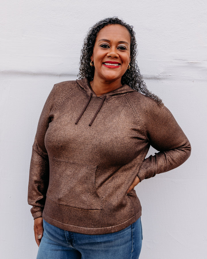 Charlie B: Foiled Raglan Sleeve Hoodie Sweater With Kangaroo Pocket in Cuivre (C2733RR)
