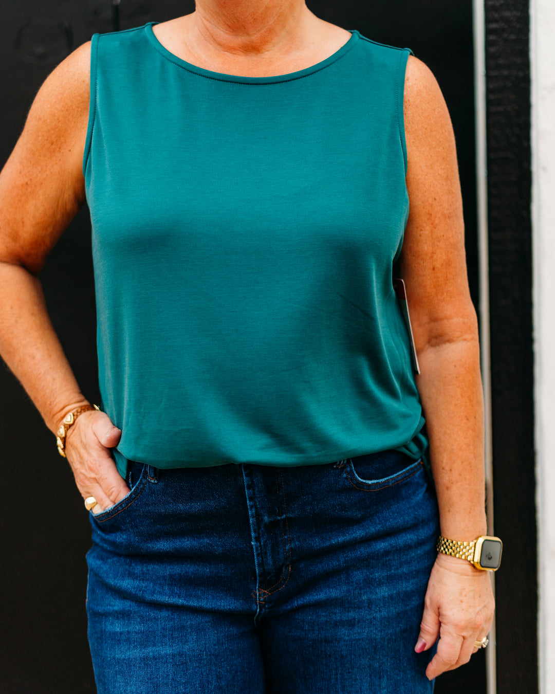 Multiples: High Neck Tank Top in Green(M35101TM) - The Vogue Boutique