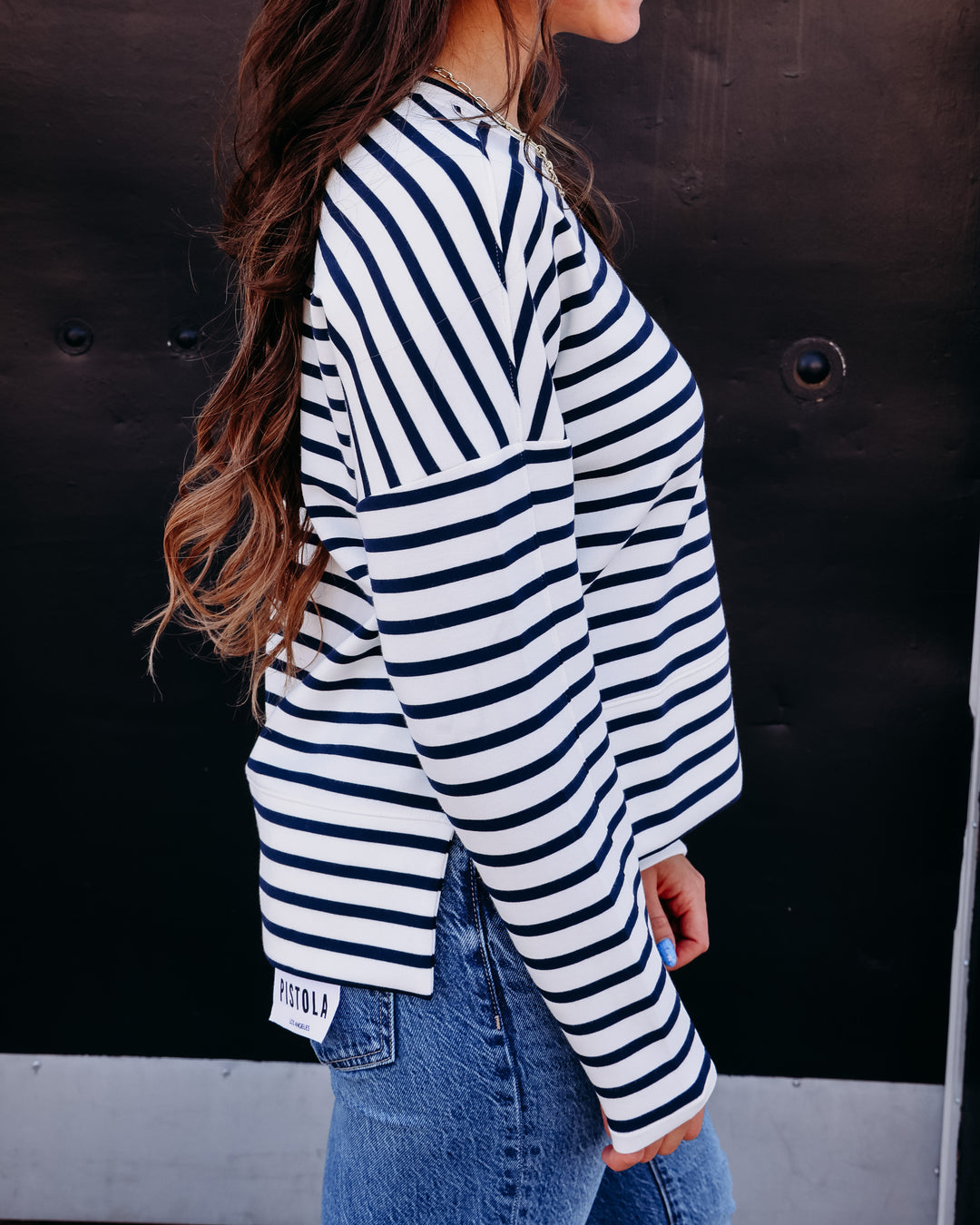 SPANX AIRESSENTIALS® CREWNECK LONG SLEEVE TOP IN YACHT STRIPED NAVY (228O7R)