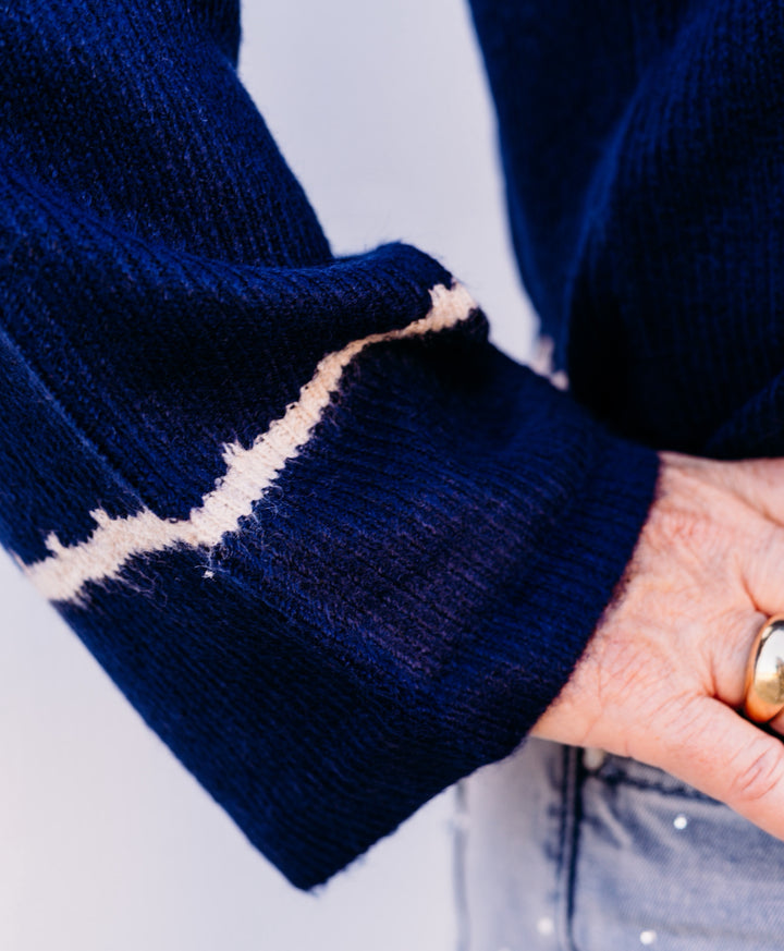 Charlie B: Notched Neck Rib Embroidered Sweater in Navy - The Vogue Boutique