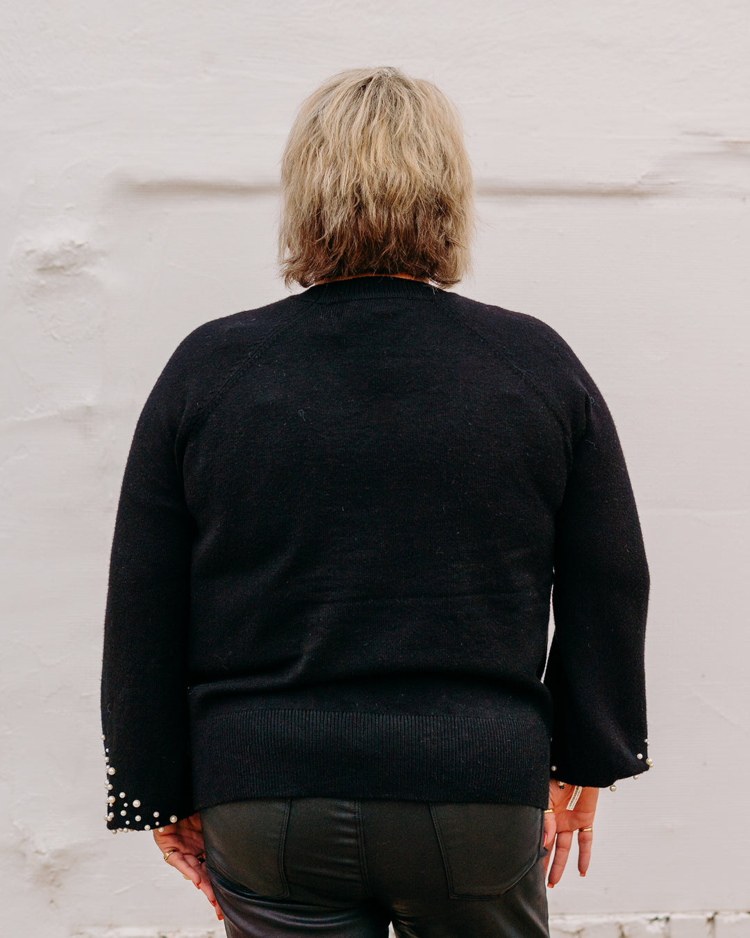Charlie B: Crew Neck Sweater With Pearl Details in Black - The Vogue Boutique