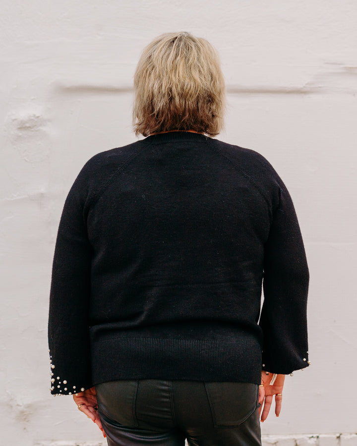 Charlie B: Crew Neck Sweater With Pearl Details in Black - The Vogue Boutique