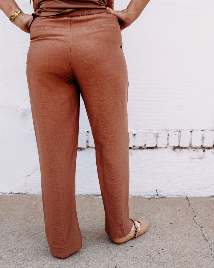Multiples: Zip and Button Front Elastic Back Woven Ankle Pant with Real Front Pockets in Cocoa (M36512PM)