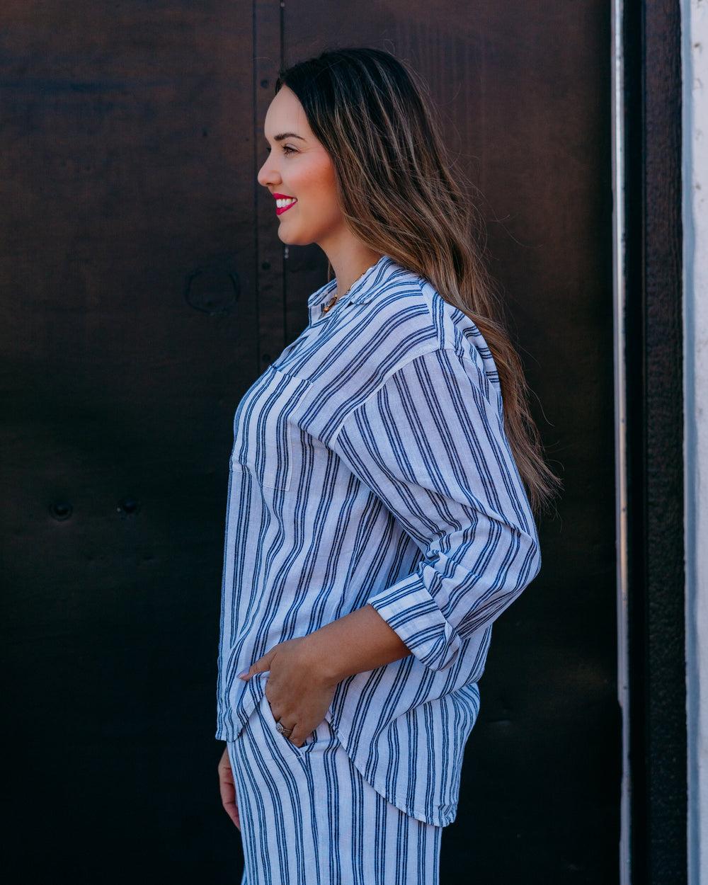 Z Supply: The Perfect Striped Button Up in Tiger Lily (ZT262689) - The Vogue Boutique