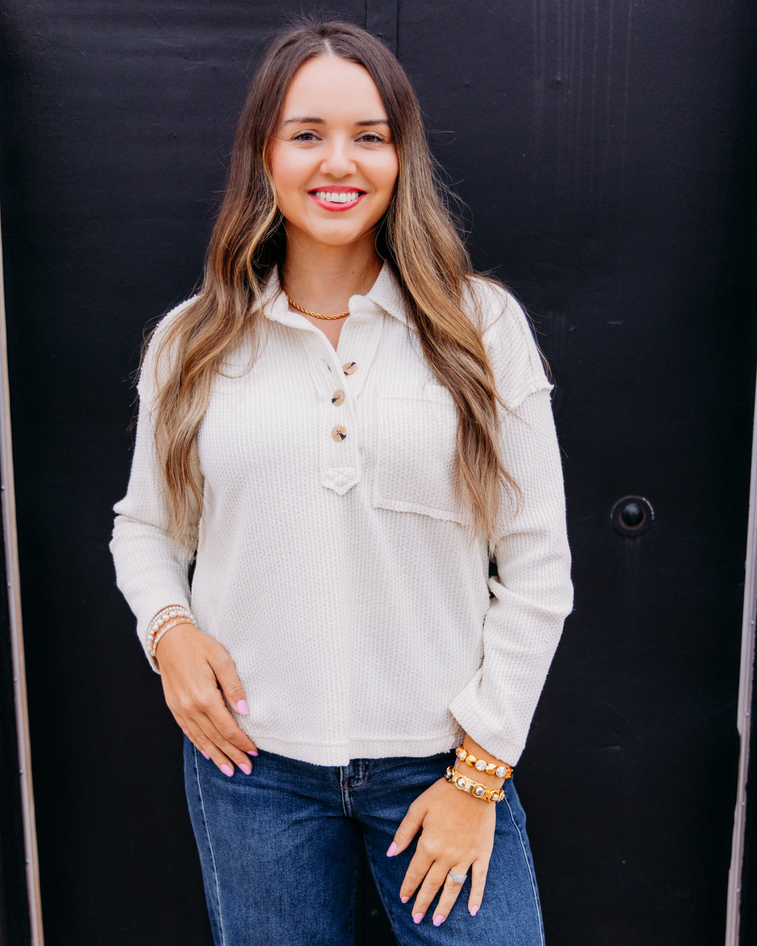 Multiples: Knit Rolled Long Sleeve Top in White (M46606TM)