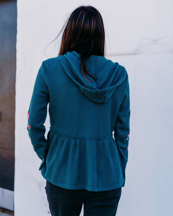Johnny Was: Peplum Metallic Thermal Hoodie Rosilia in Metallic Emerald Mem - The Vogue Boutique