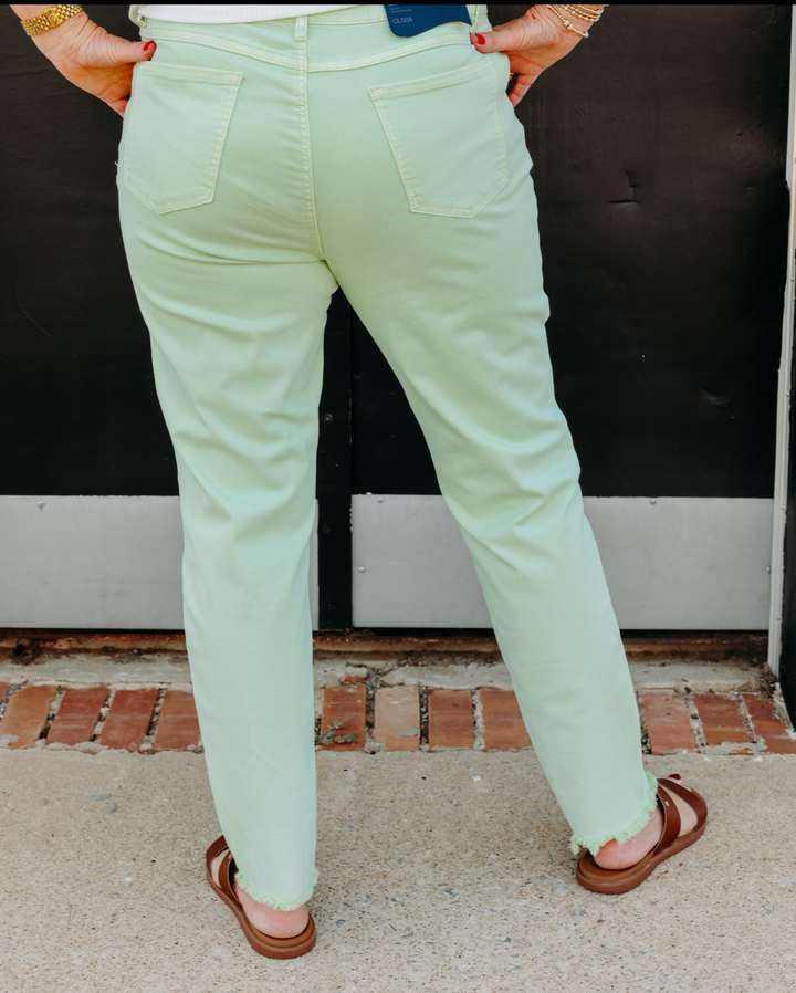 French Dressing Jeans: Olivia Slim Ankle Frayed Jeans in Mojito Green - The Vogue Boutique