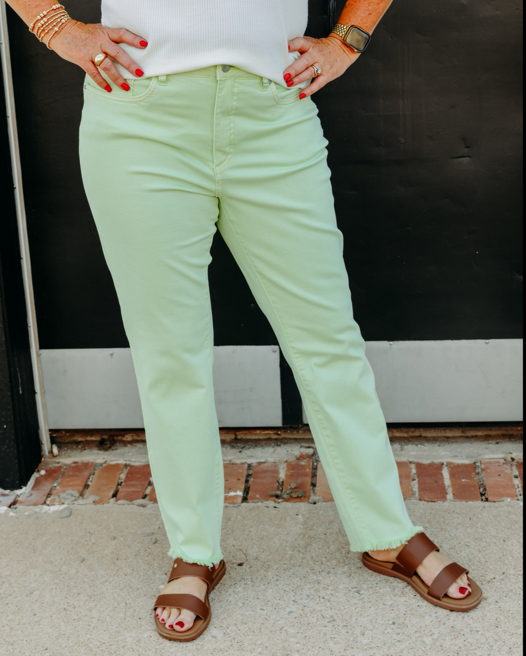 French Dressing Jeans: Olivia Slim Ankle Frayed Jeans in Mojito Green - The Vogue Boutique