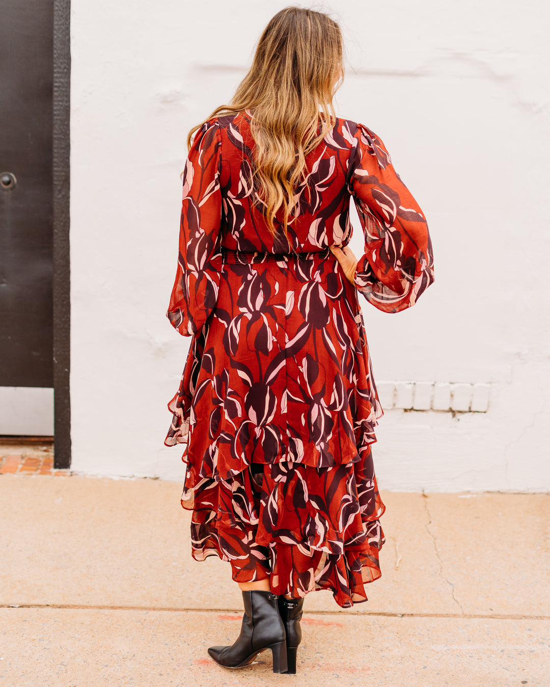 Steve Madden Bei Floral Long Sleeve Tiered High-Low Dress in Duberry at Nordstrom, Size Small