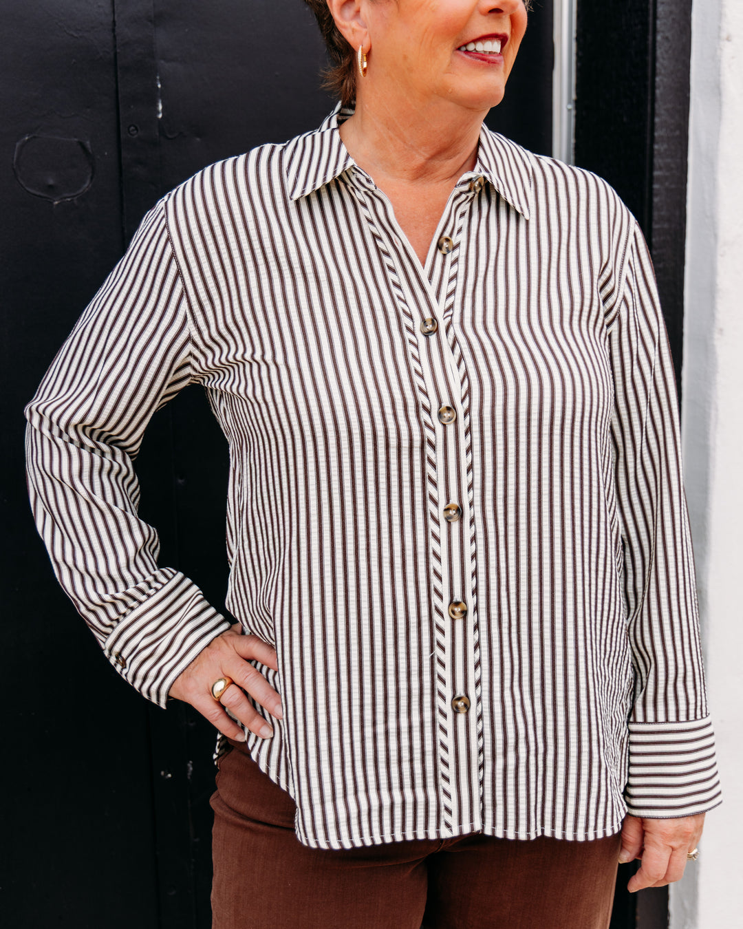 Multiples: Cuff Stripe Long Sleeve in Dark brown (M46611BM)