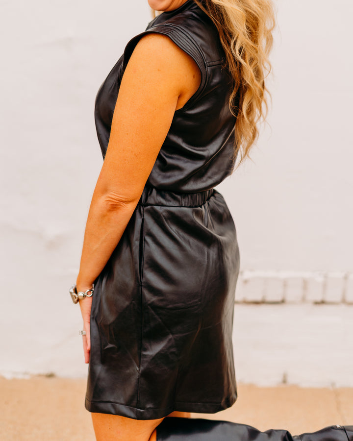 Elan: Black Faux Leather Dress fl50153 - The Vogue Boutique