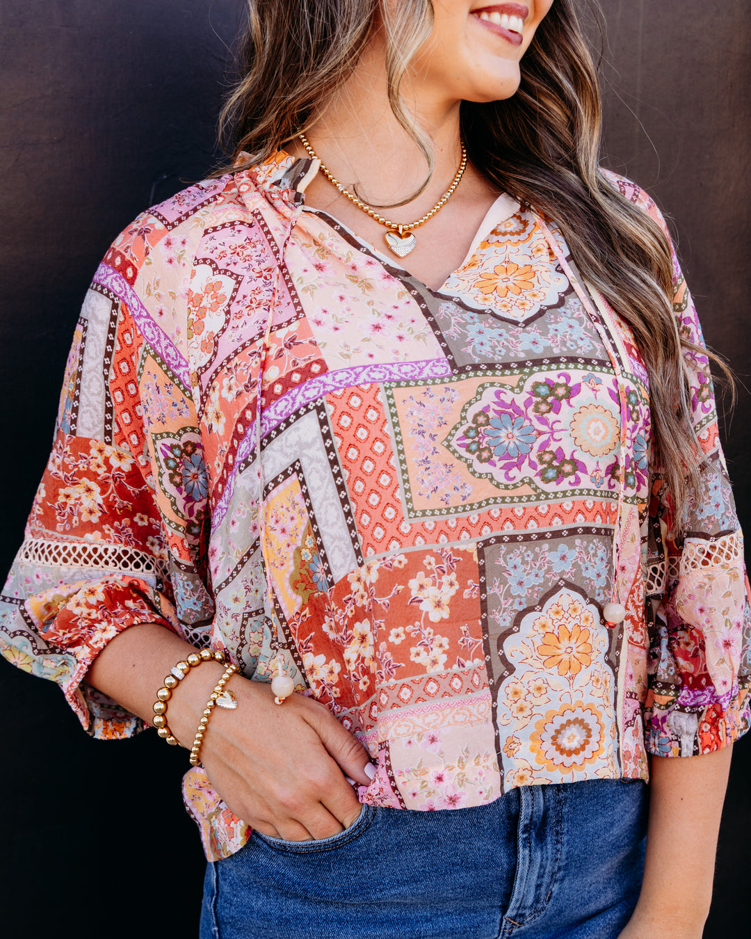 Joy Joy: Heirloom Patch Trimmed Peasant Top (79G7555-2)