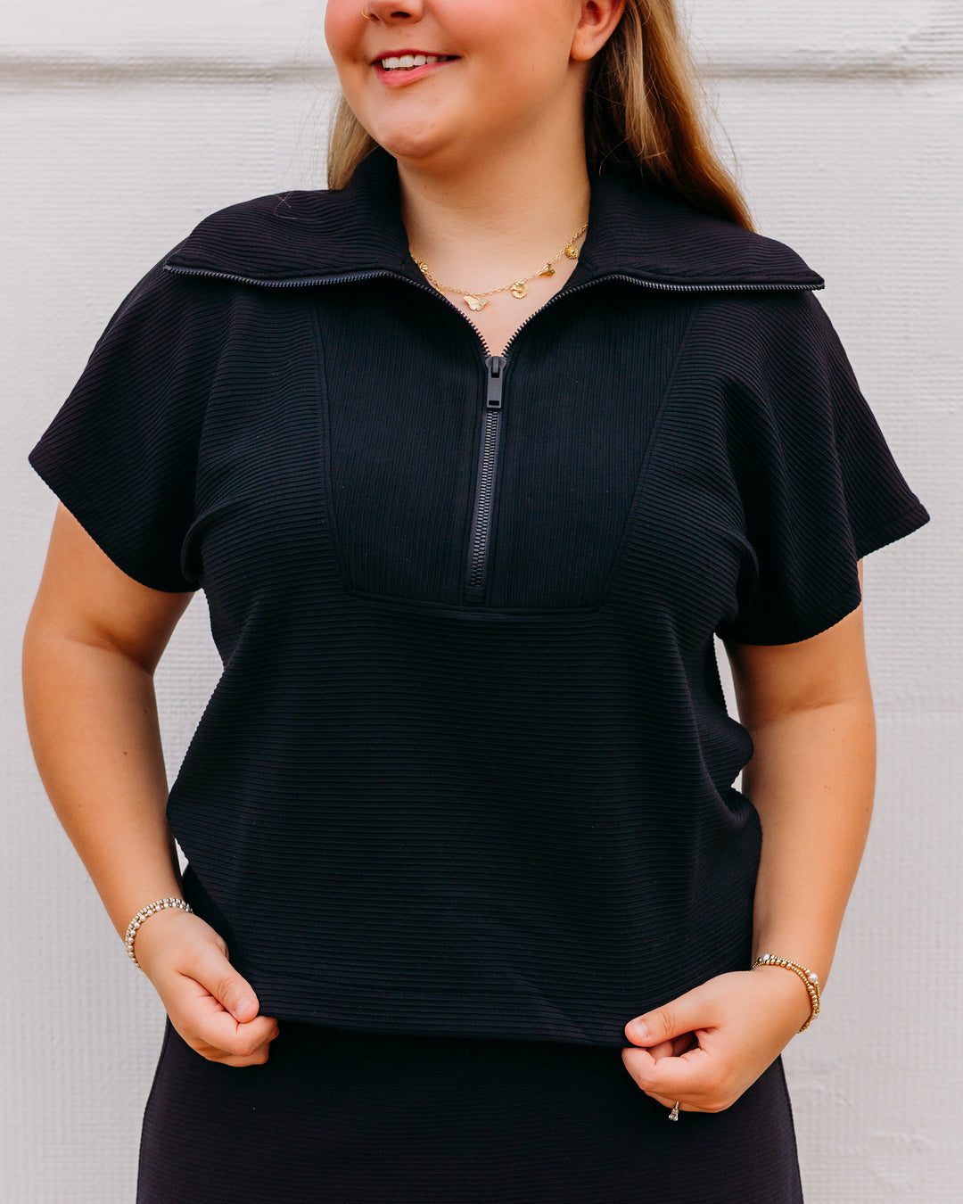Spanx: Airessentials French Rib Short Sleeve Half Zip in Very Black (22483R)