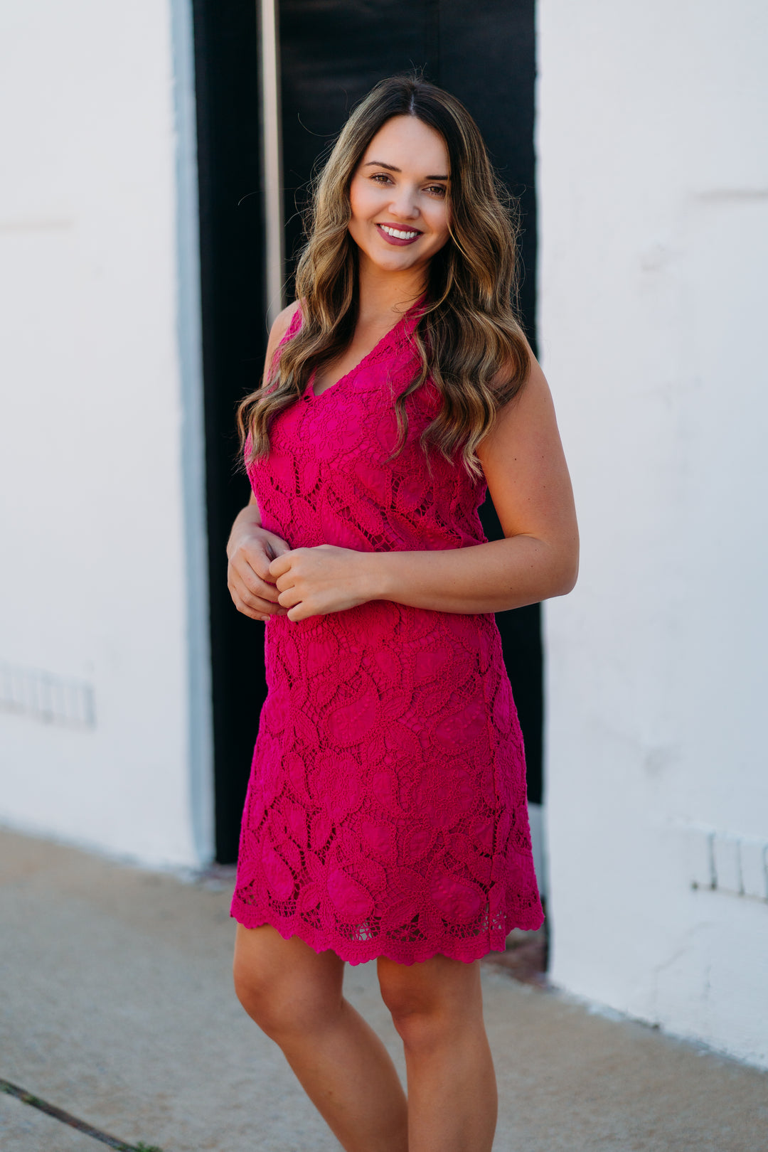 Karen Kane Lace Shift Dress in Dark Pink