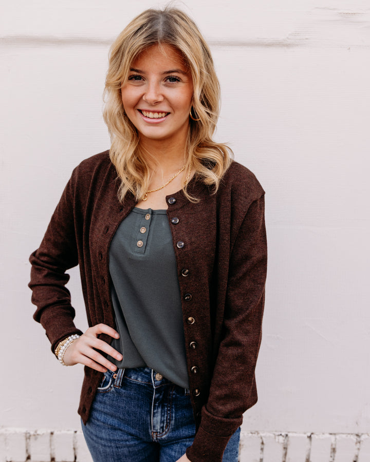 Karen Kane: Button Up Cardigan Sweater in Chocolate (3L89344)