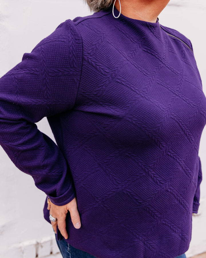 Multiples: Funnel Neck Top With Shoulder Zipper in Eggplant (M46504TM)