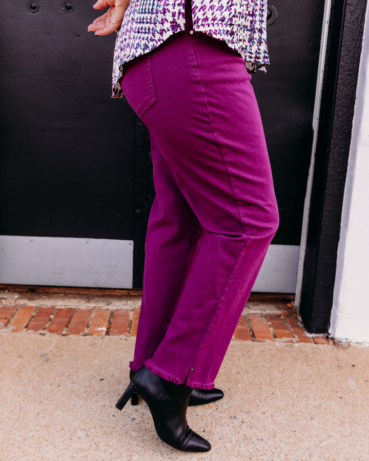 Multiples: Woven Fringe Hem Ankle Pant in Plum (M35714PM)