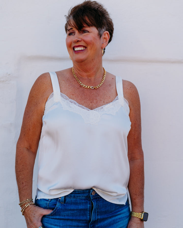 Liverpool: Woven Tank W/ Lace Trim in Whipped Cream - The Vogue Boutique