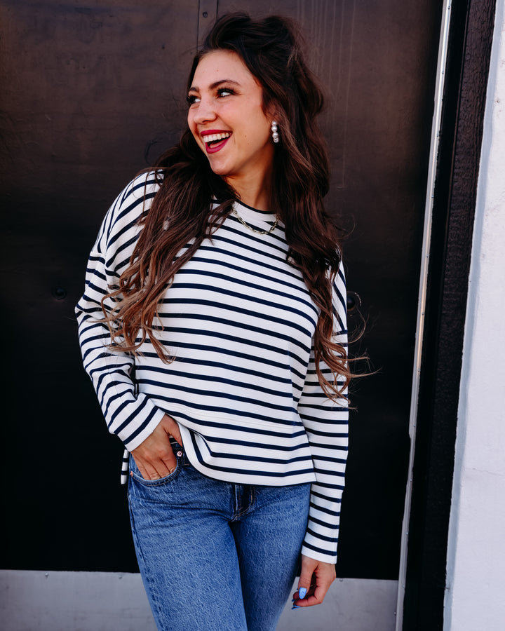 SPANX AIRESSENTIALS® CREWNECK LONG SLEEVE TOP IN YACHT STRIPED NAVY (228O7R)