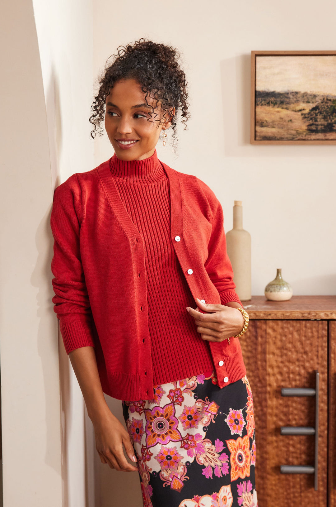 Karen Kane: V-Neck Cardigan Sweater in Tomato - The Vogue Boutique