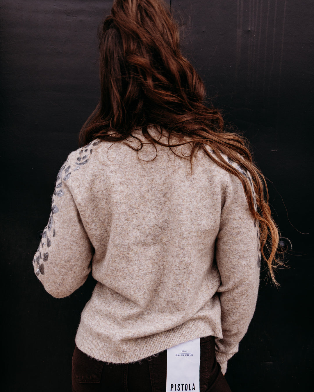 Charlie B: Plushy Sweater With Floral Embroidery at Shoulder in Latté Chiné (C2167)