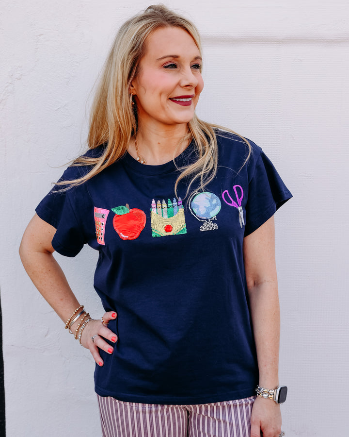 Queen Of Sparkles: Navy Mini School Icon Tee in Navy (FALL26266)