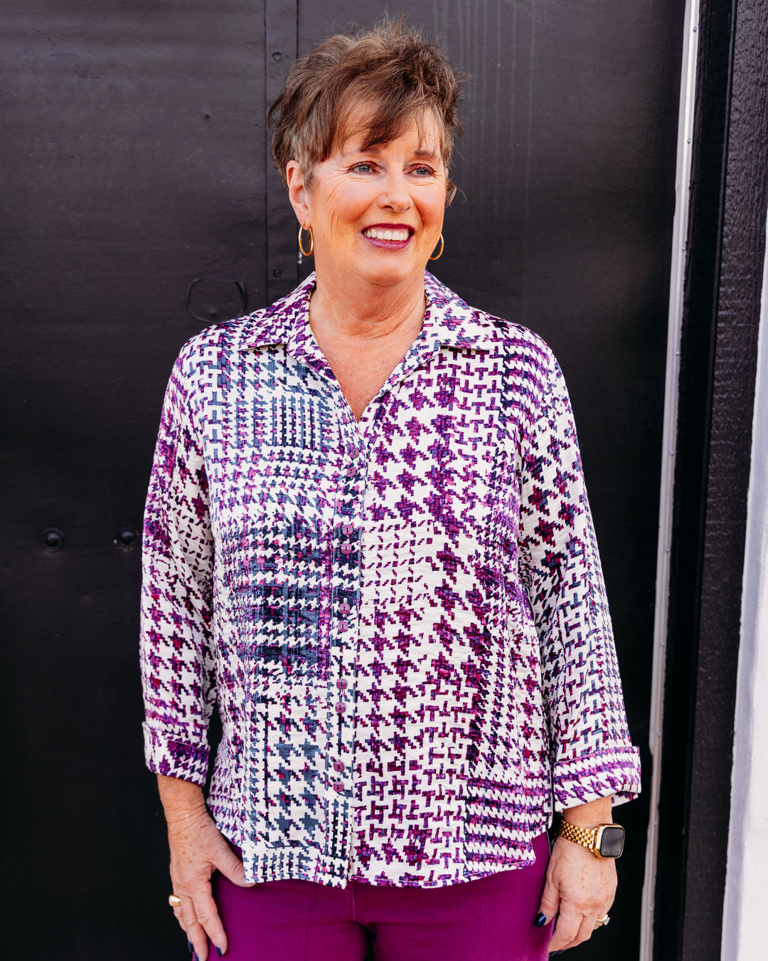 Multiples: Woven 3/4 Sleeve Button Front Shirt in Multi (M46501BM)