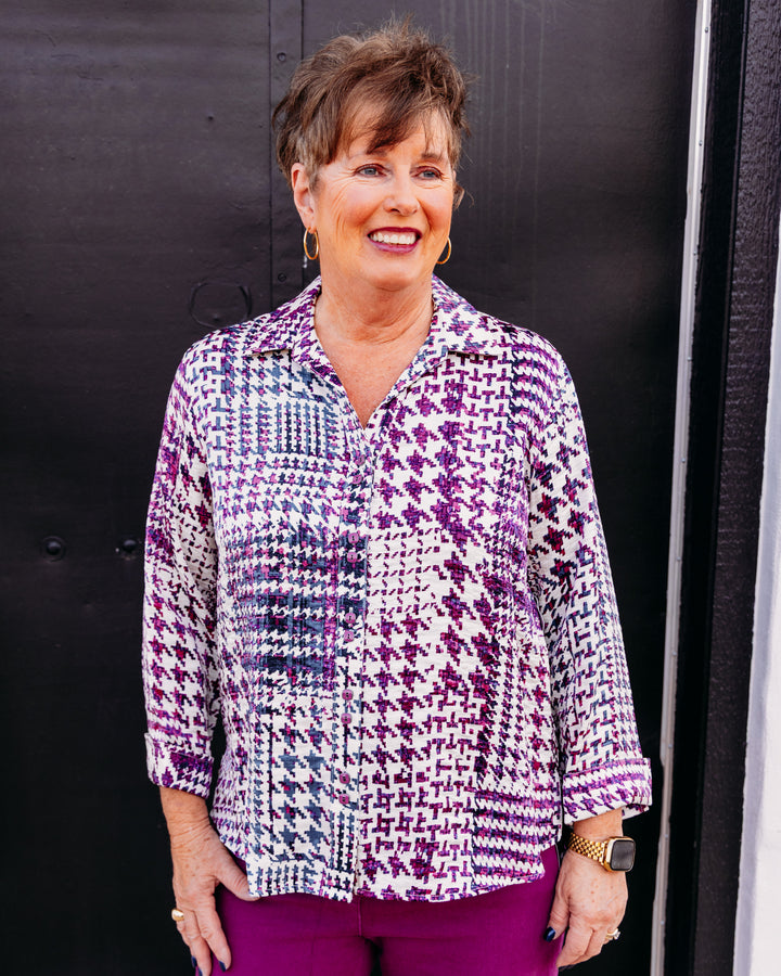 Multiples: Woven 3/4 Sleeve Button Front Shirt in Multi (M46501BM)