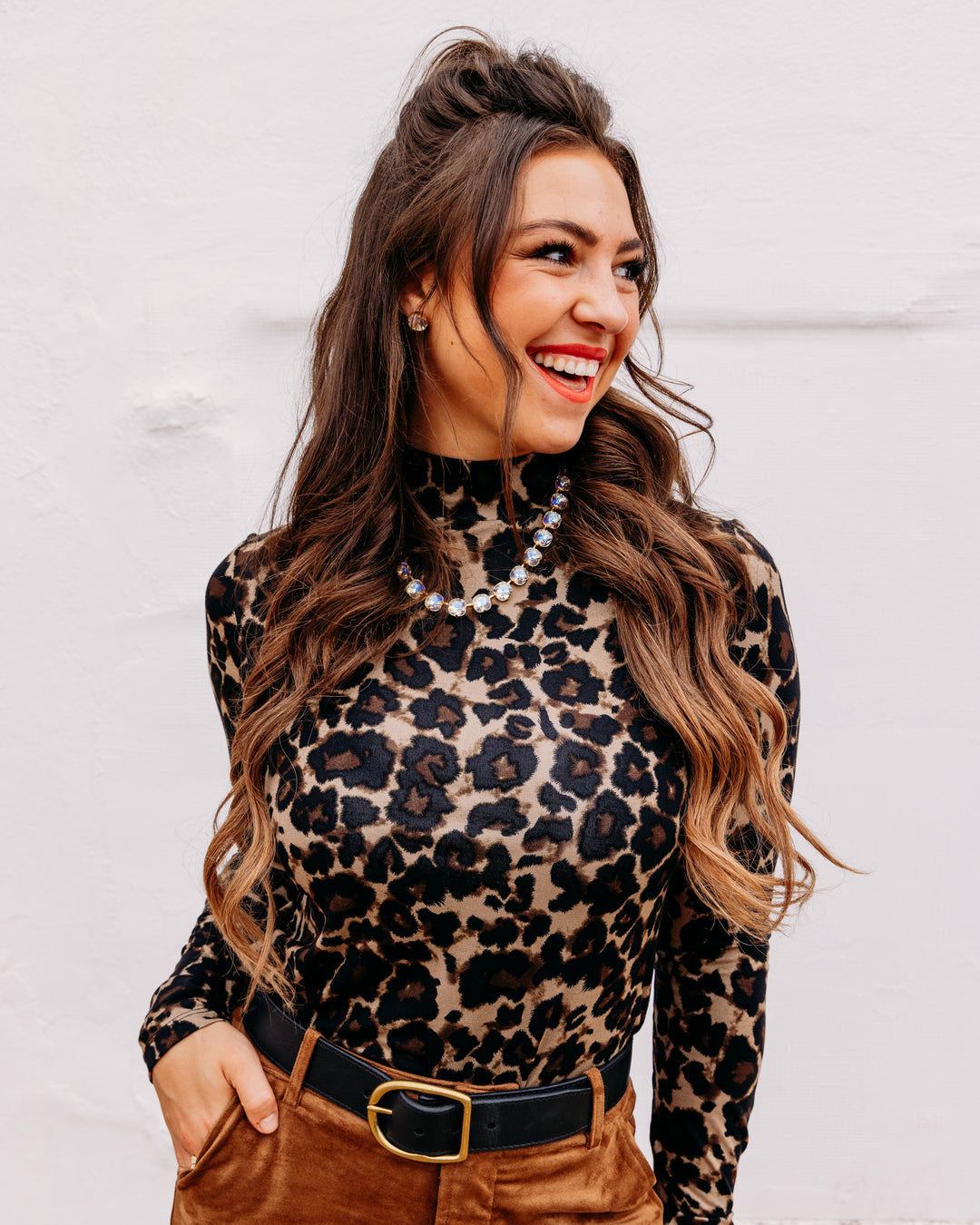 Charlie B: Printed Jersey Long Sleeve Mock Neck Top in Leopard